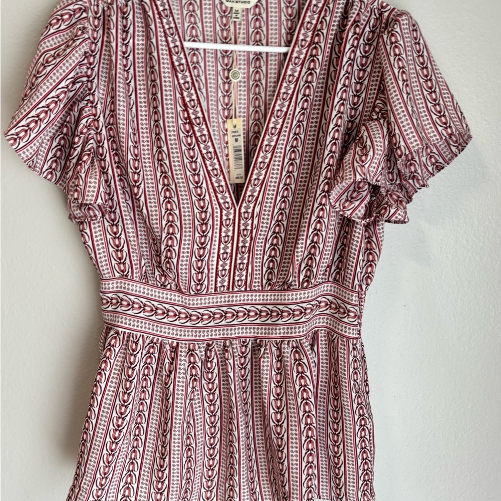 Striped V-Neck Summer Dress in Burgundy and White